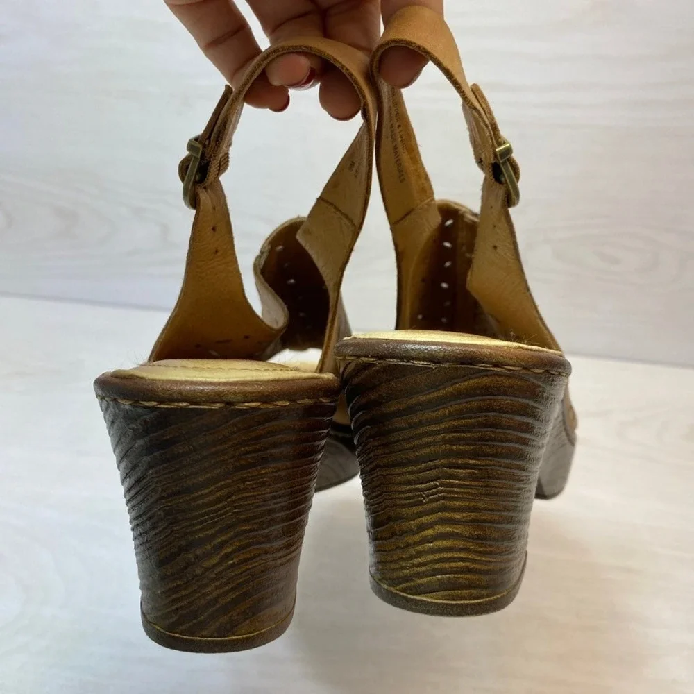 Born Womens 9 Wedge Sandals Clog Slingback Tan Leather Laser Cut Perforated Boho